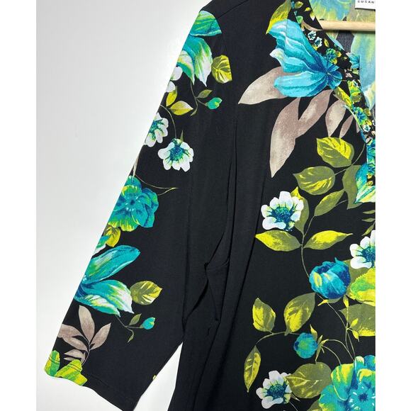 Susan Graver Liquid Knit Split Neck Tunic Floral Teal Blue Green 3/4 Sleeve Sz L - Picture 4 of 11